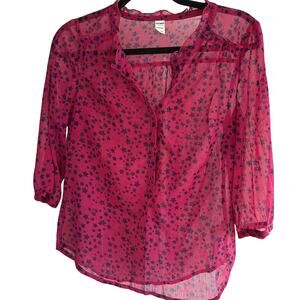 Old Navy Top Women XS Pink 3/4 Sleeve 1/4 Button Up Stars Print